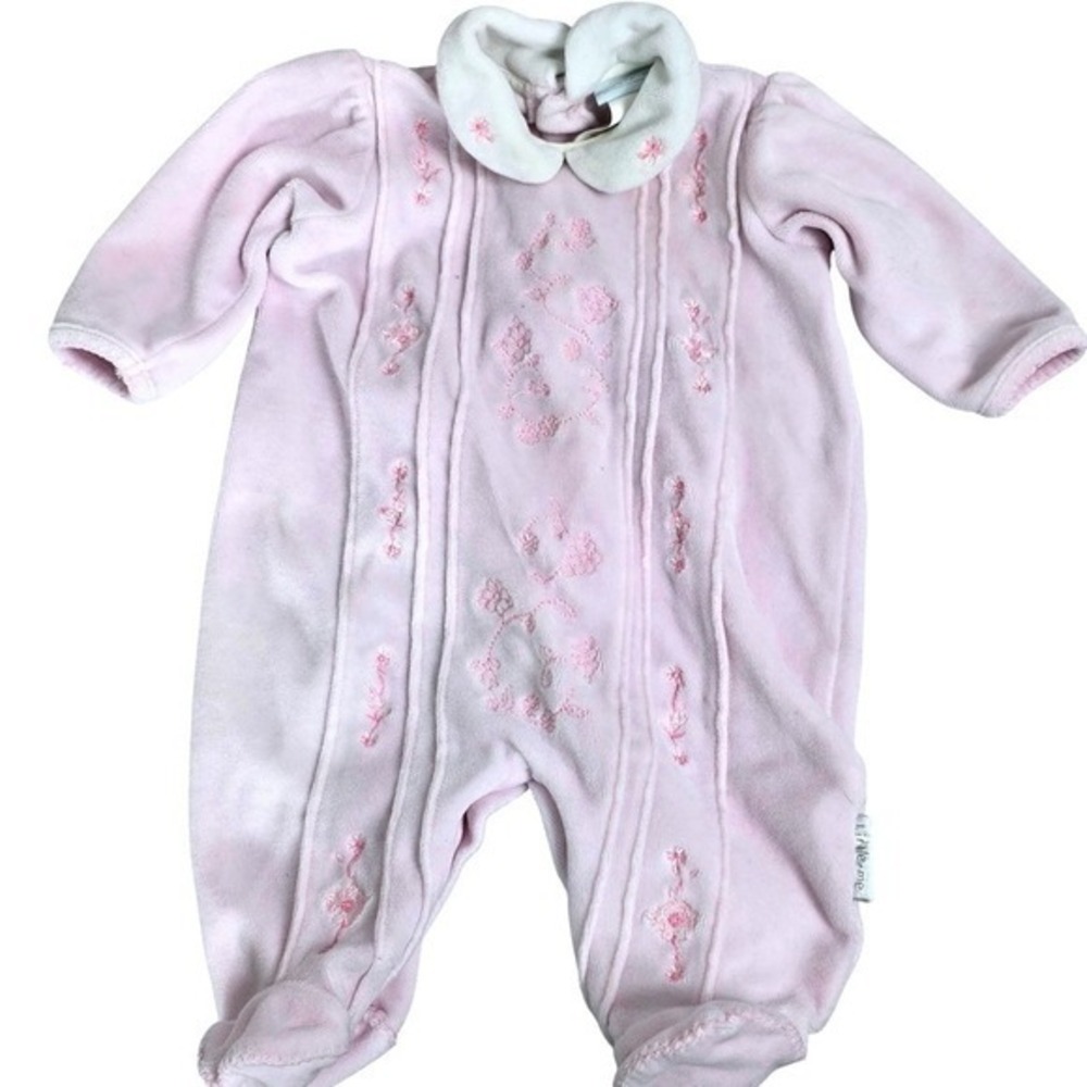 Little Me Pink Velour Floral Embroidered Footed Sleeper Peter‎ Pan Collar 3M
